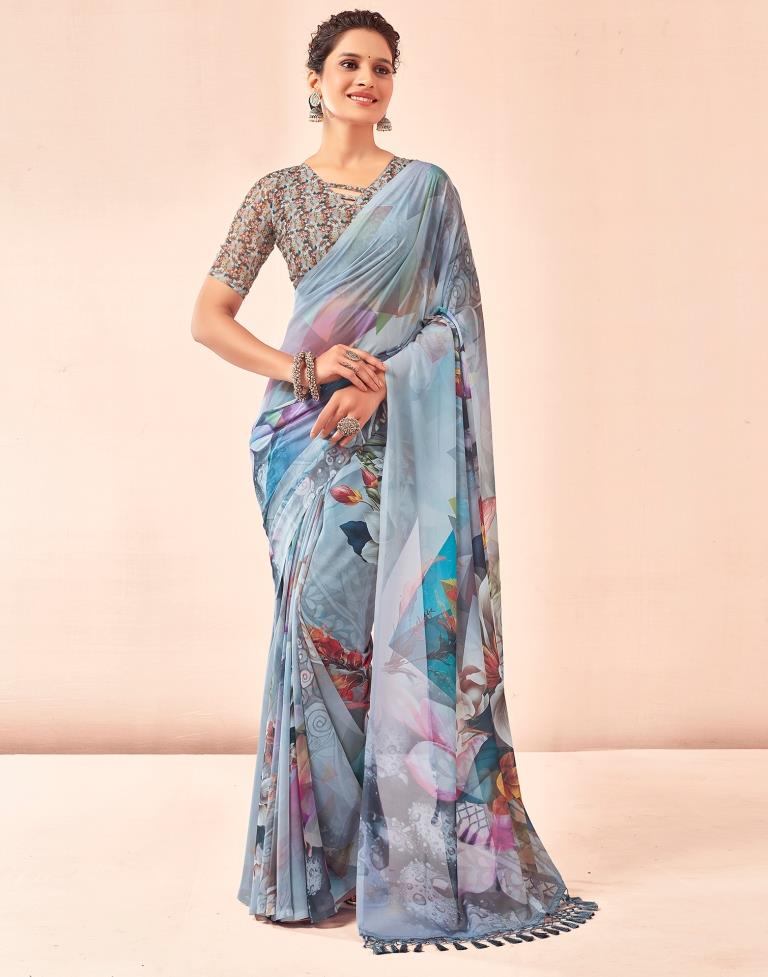 Gray & Multicoloured Georgette Printed Saree