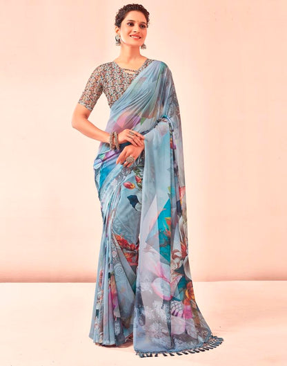 Gray & Multicoloured Georgette Printed Saree