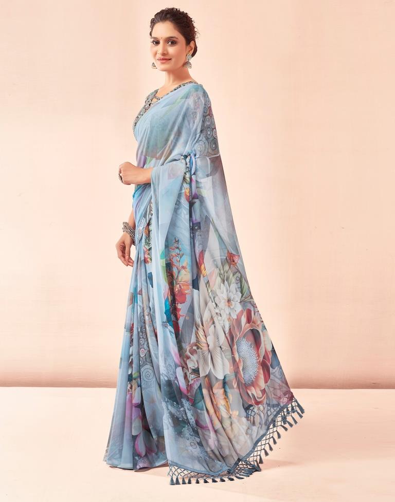 Gray & Multicoloured Georgette Printed Saree