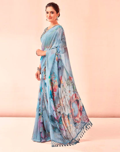 Gray & Multicoloured Georgette Printed Saree