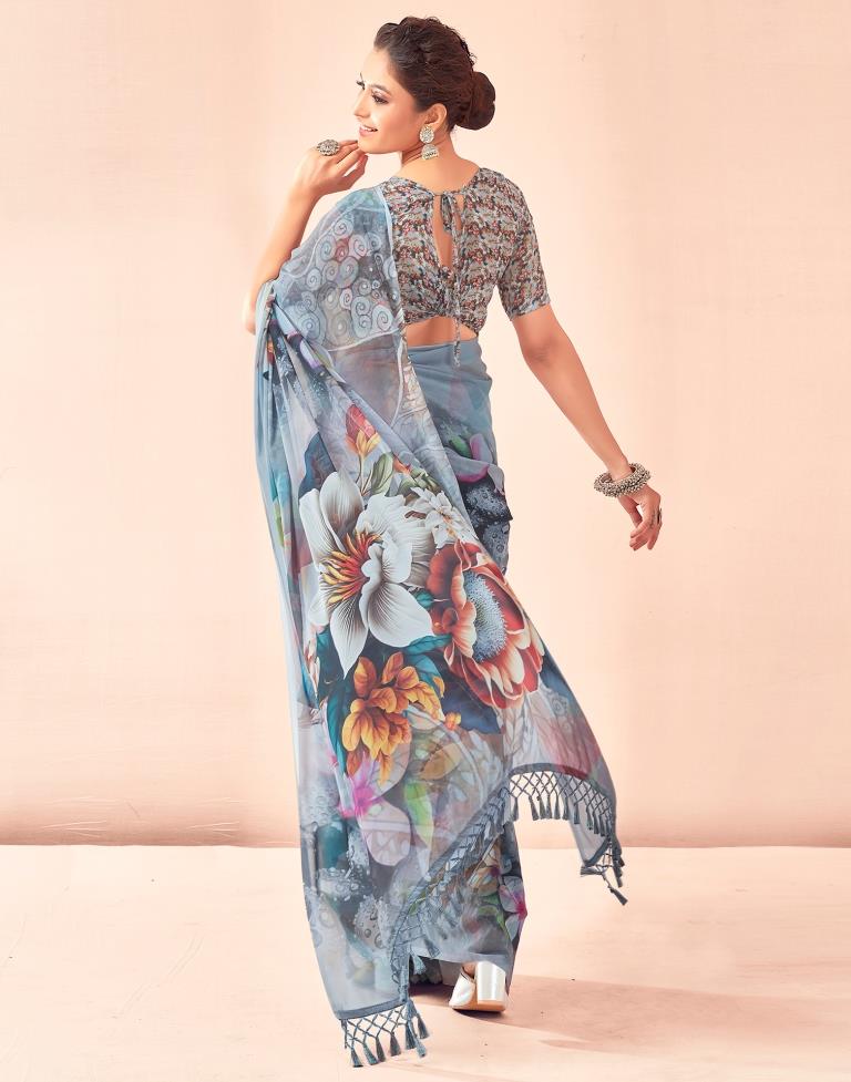 Gray & Multicoloured Georgette Printed Saree