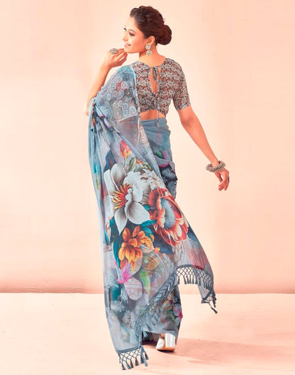 Gray & Multicoloured Georgette Printed Saree