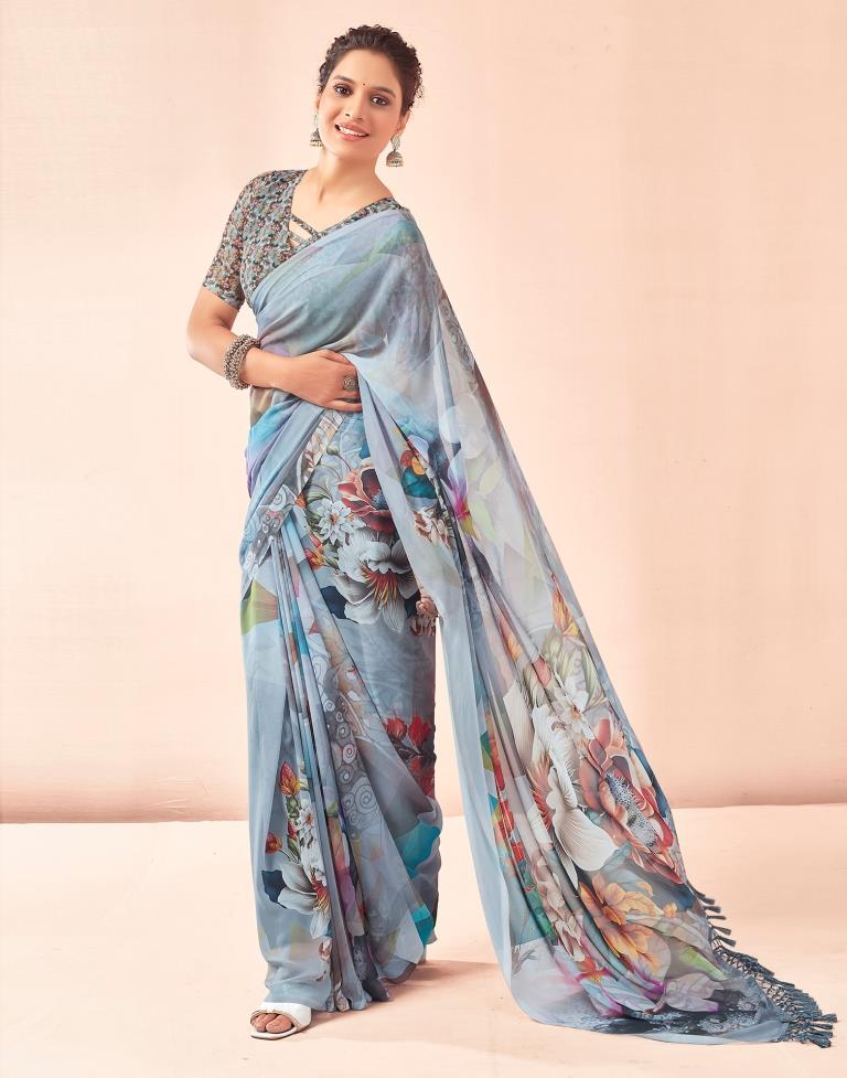 Gray & Multicoloured Georgette Printed Saree