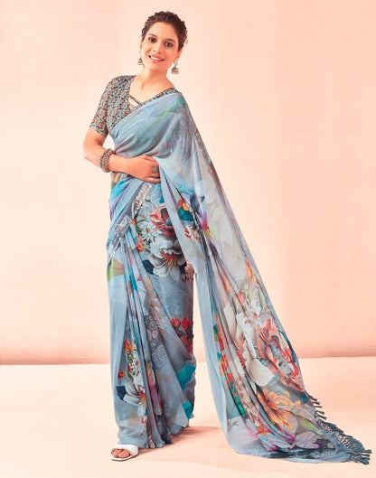 Gray & Multicoloured Georgette Printed Saree