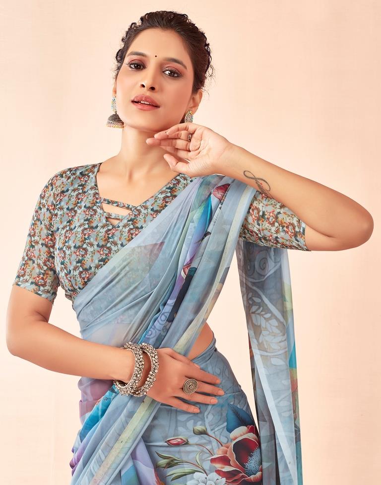 Gray & Multicoloured Georgette Printed Saree