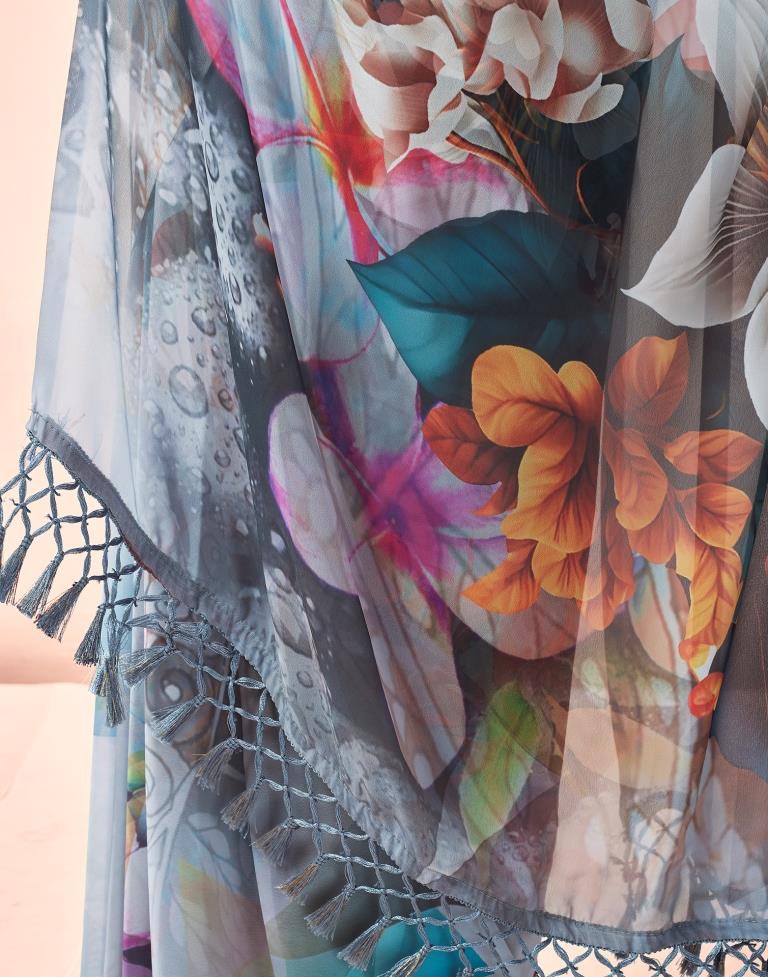 Gray & Multicoloured Georgette Printed Saree