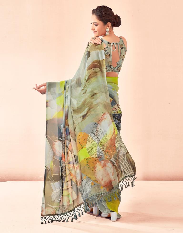 Dusty Green Georgette Printed Saree