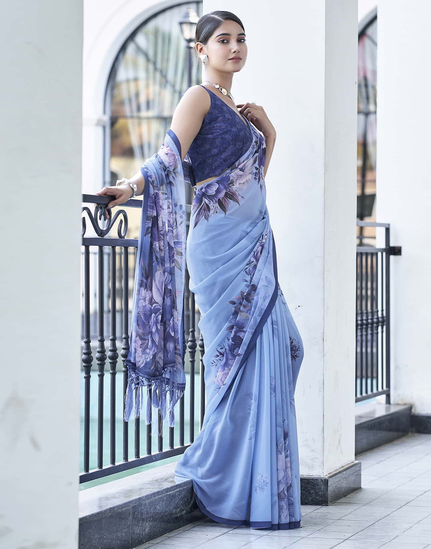 Blue Printed Georgette Saree
