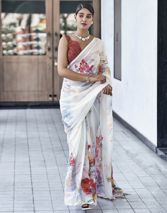 White Printed Georgette Saree