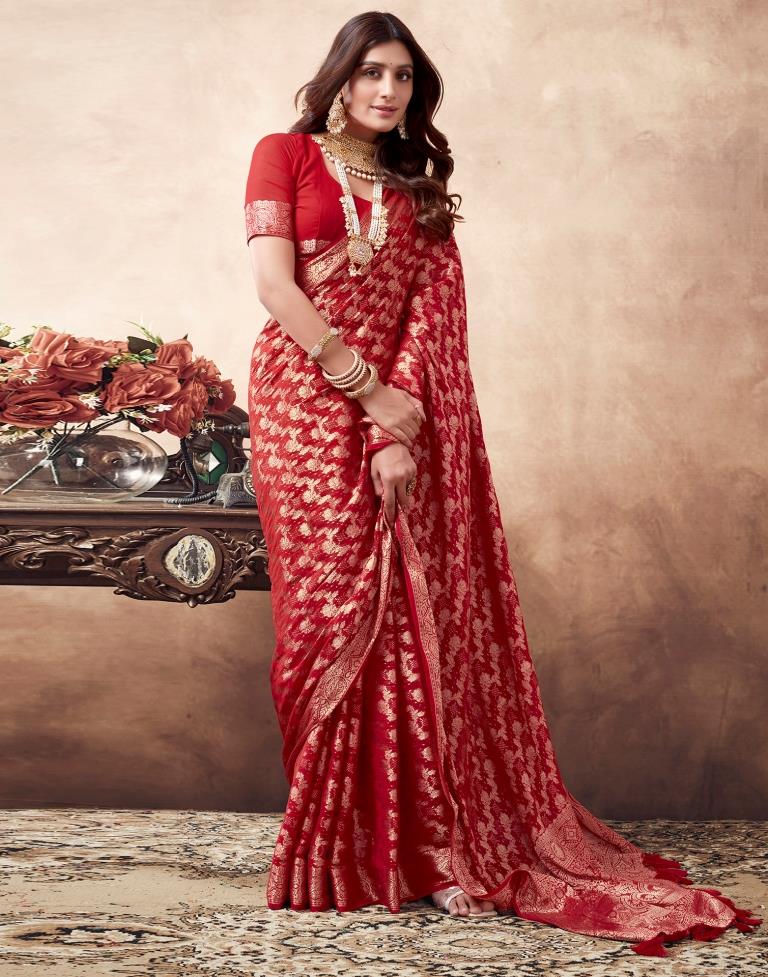 Red Georgette Plain Saree