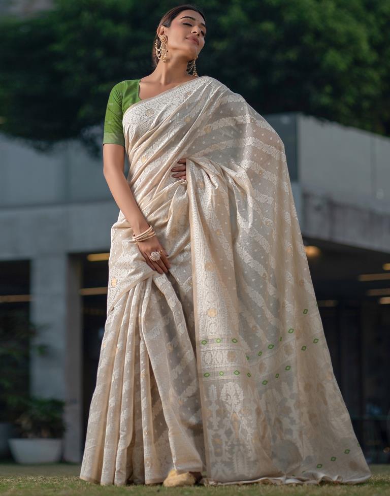 Beige Cotton Woven Saree