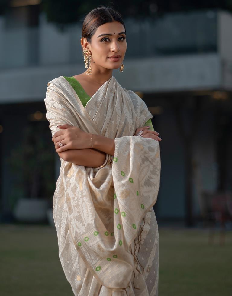 Beige Cotton Woven Saree