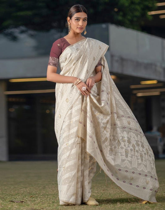 Beige Cotton Woven Saree