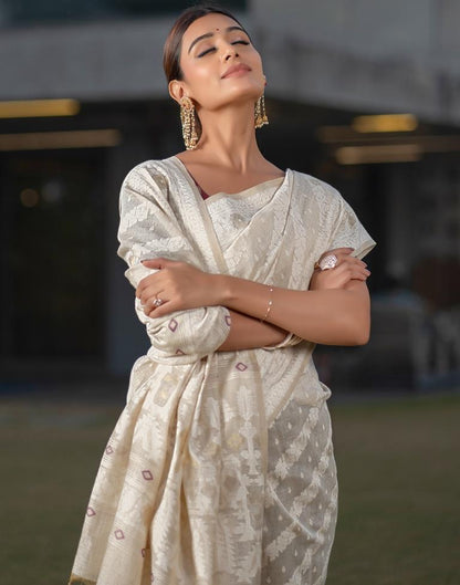 Beige Cotton Woven Saree