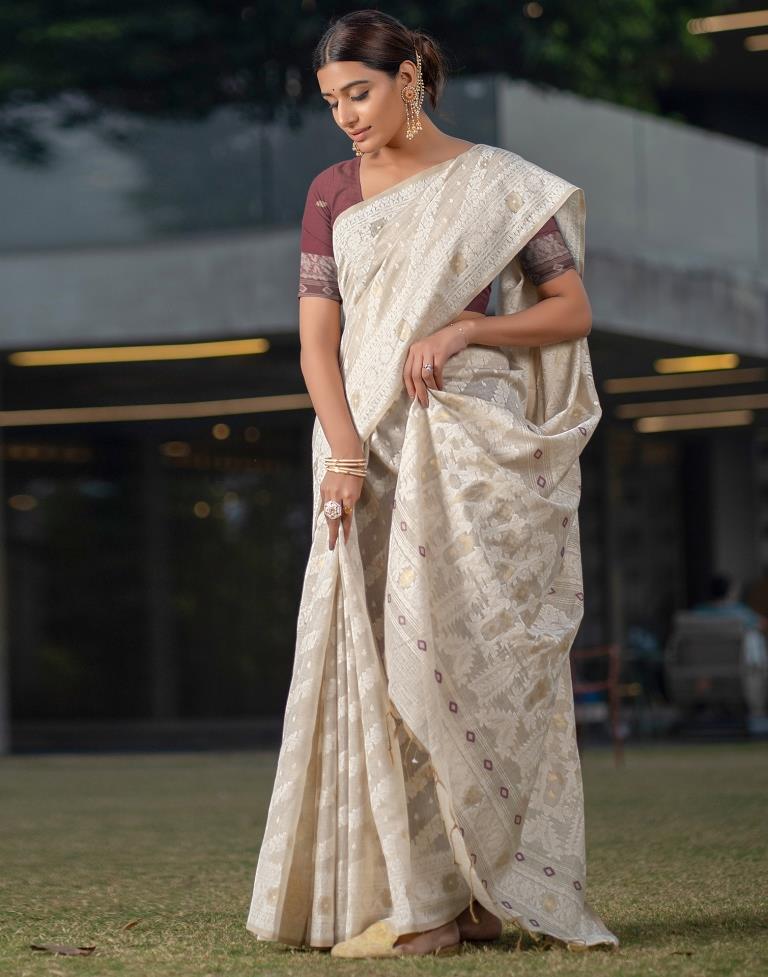 Beige Cotton Woven Saree