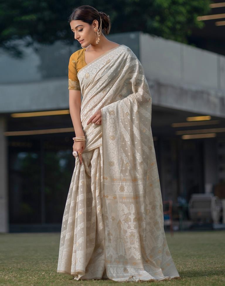 Beige Cotton Woven Saree