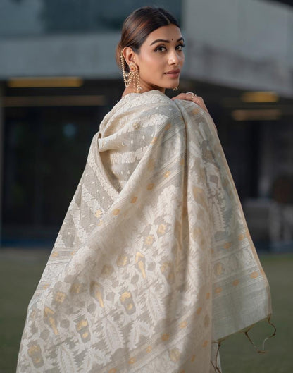 Beige Cotton Woven Saree