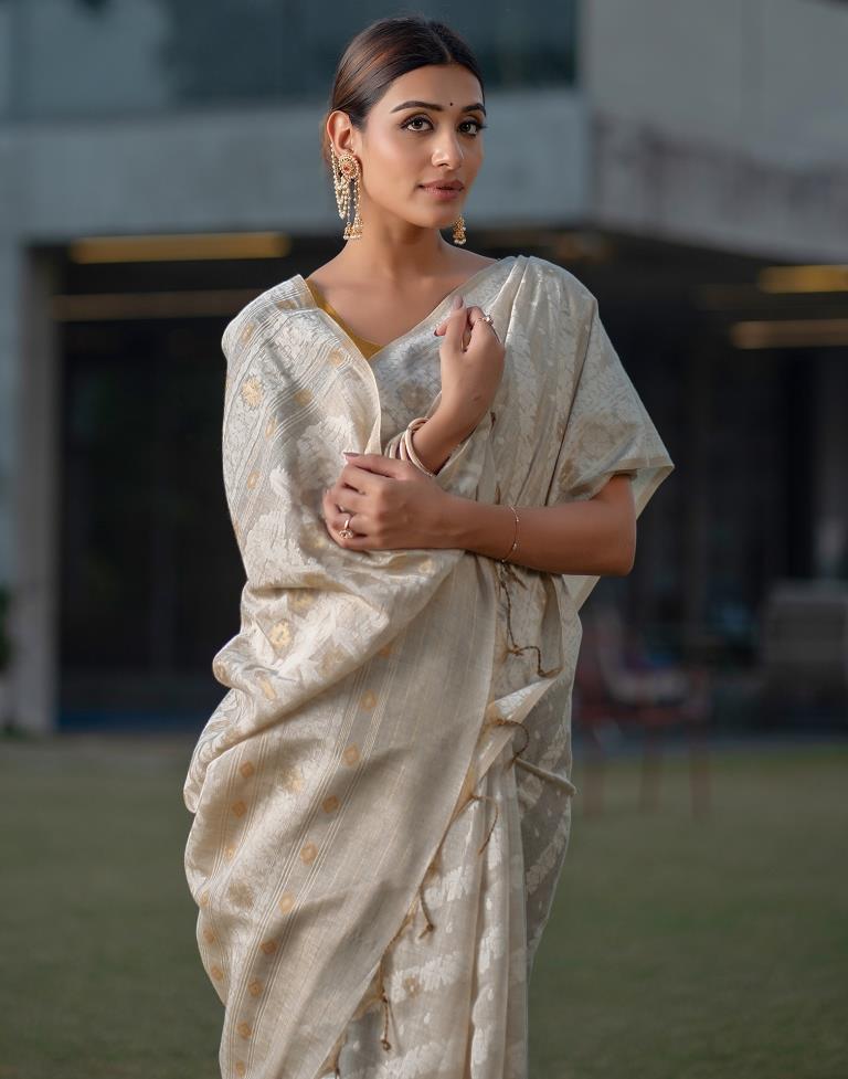 Beige Cotton Woven Saree