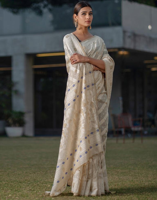 Beige Cotton Woven Saree