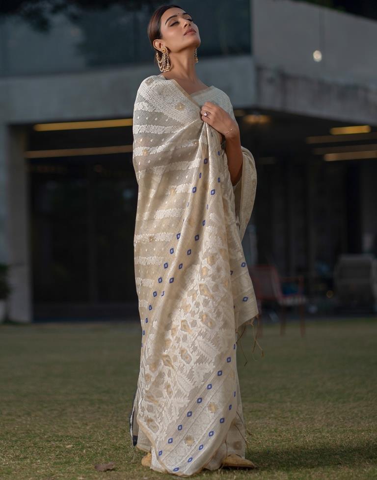 Beige Cotton Woven Saree