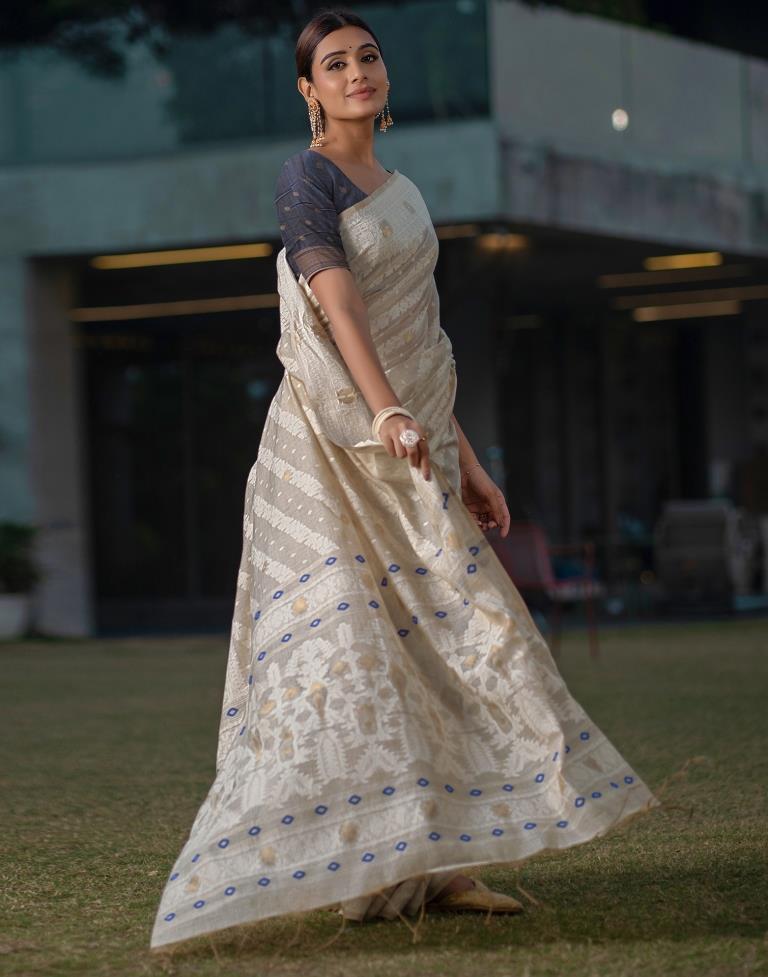 Beige Cotton Woven Saree