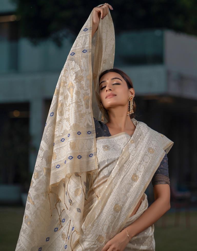 Beige Cotton Woven Saree