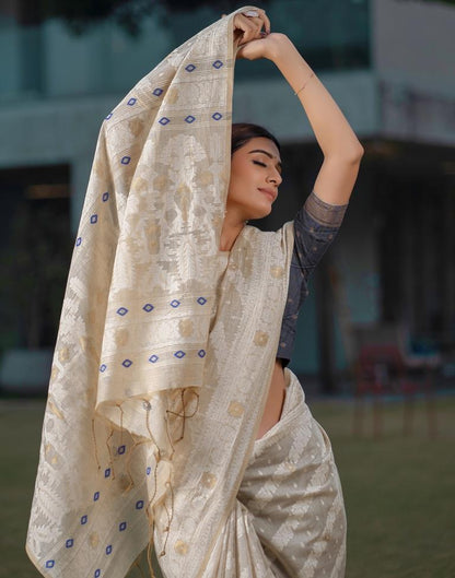 Beige Cotton Woven Saree