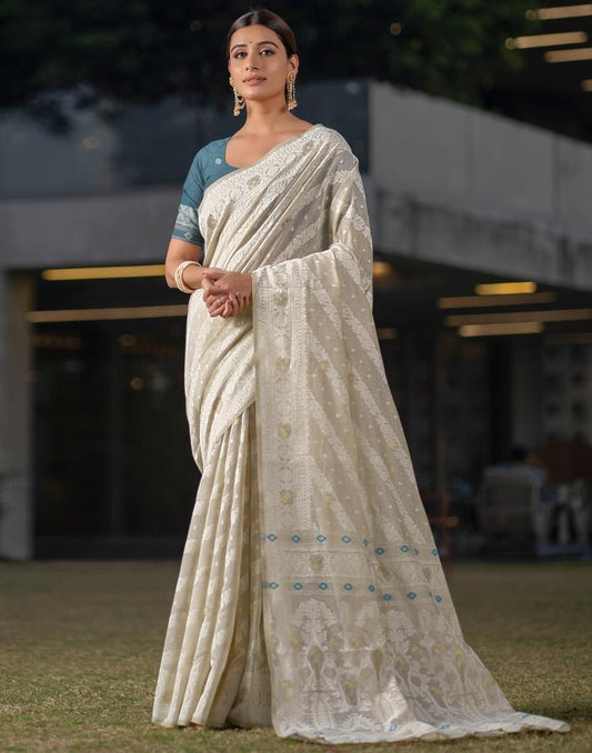 Beige Cotton Woven Saree