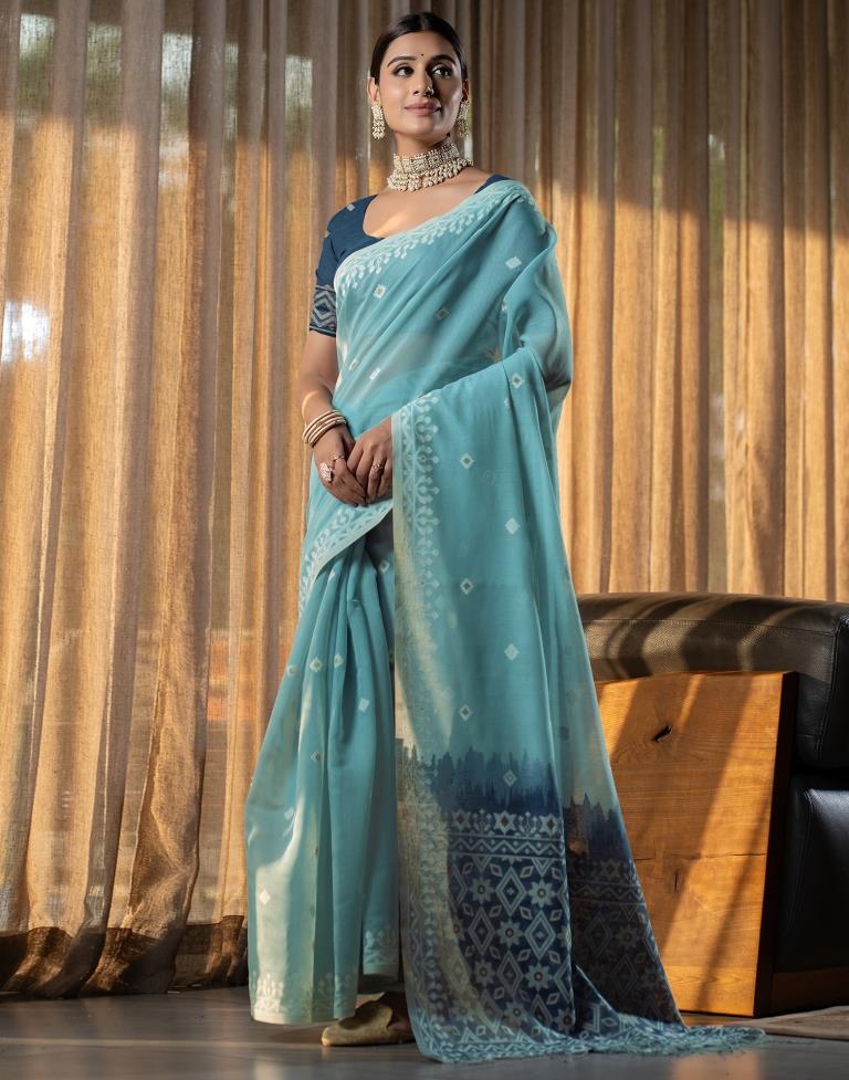 Light Blue Cotton Woven Saree