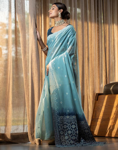 Light Blue Cotton Woven Saree