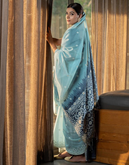 Light Blue Cotton Woven Saree