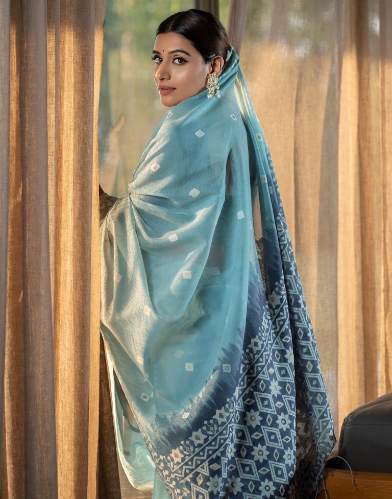 Light Blue Cotton Woven Saree