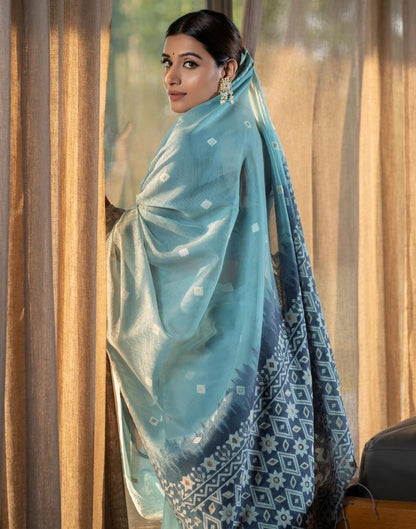 Light Blue Cotton Woven Saree
