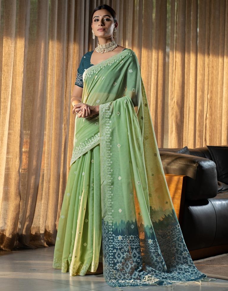 Pista Green Cotton Woven Saree
