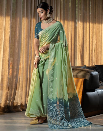Pista Green Cotton Woven Saree