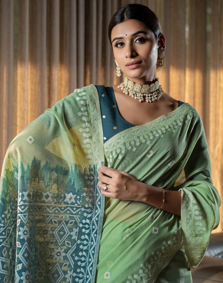 Pista Green Cotton Woven Saree
