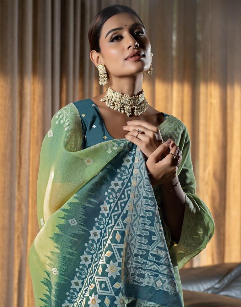Pista Green Cotton Woven Saree