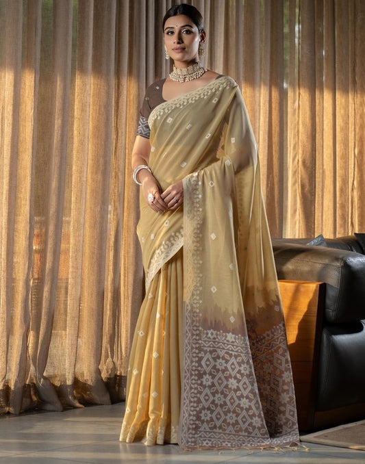 Light Yellow Cotton Woven Saree