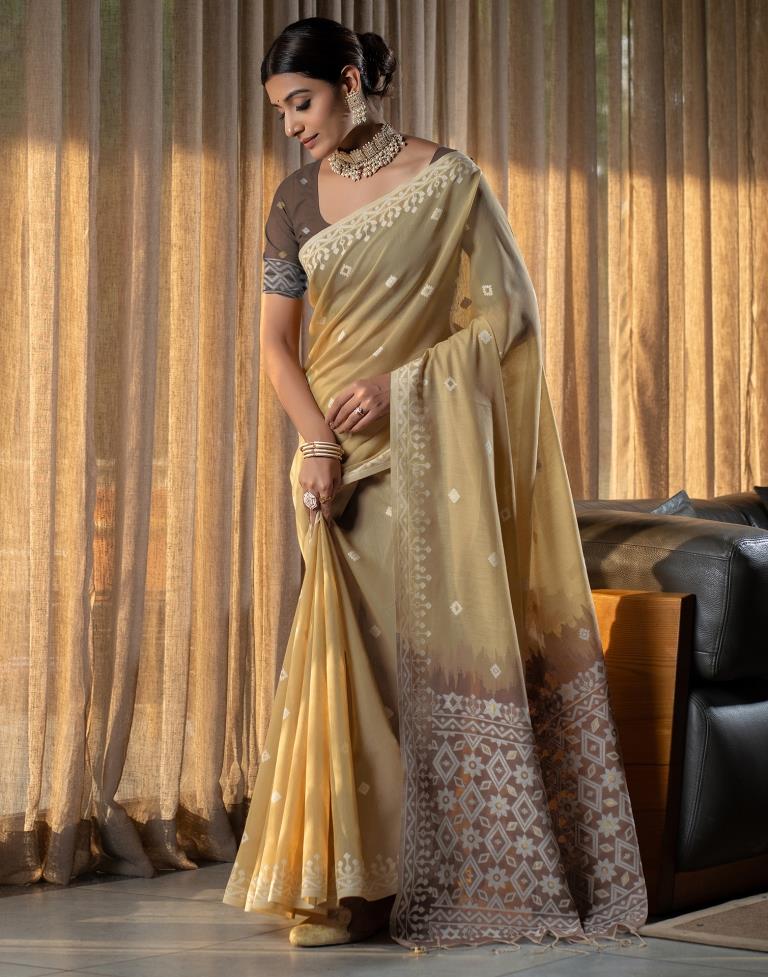Light Yellow Cotton Woven Saree