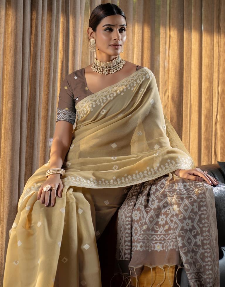 Light Yellow Cotton Woven Saree