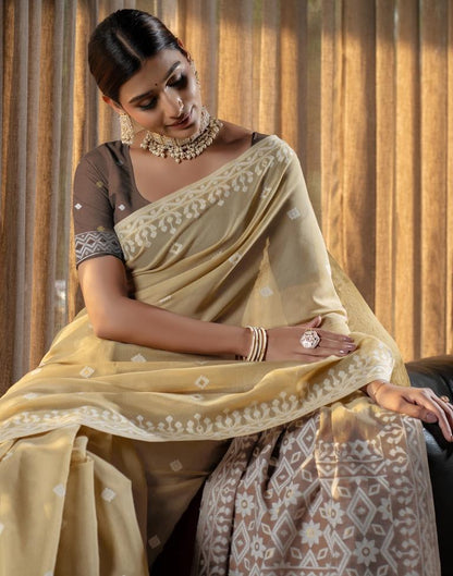 Light Yellow Cotton Woven Saree
