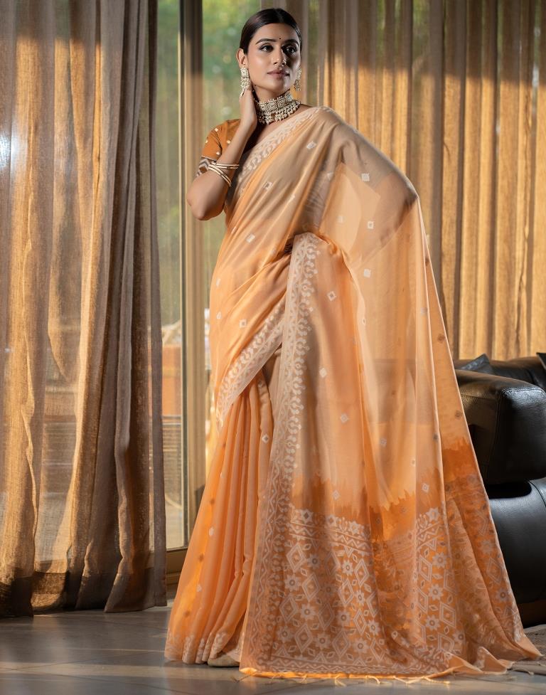 Light Orange Cotton Woven Saree