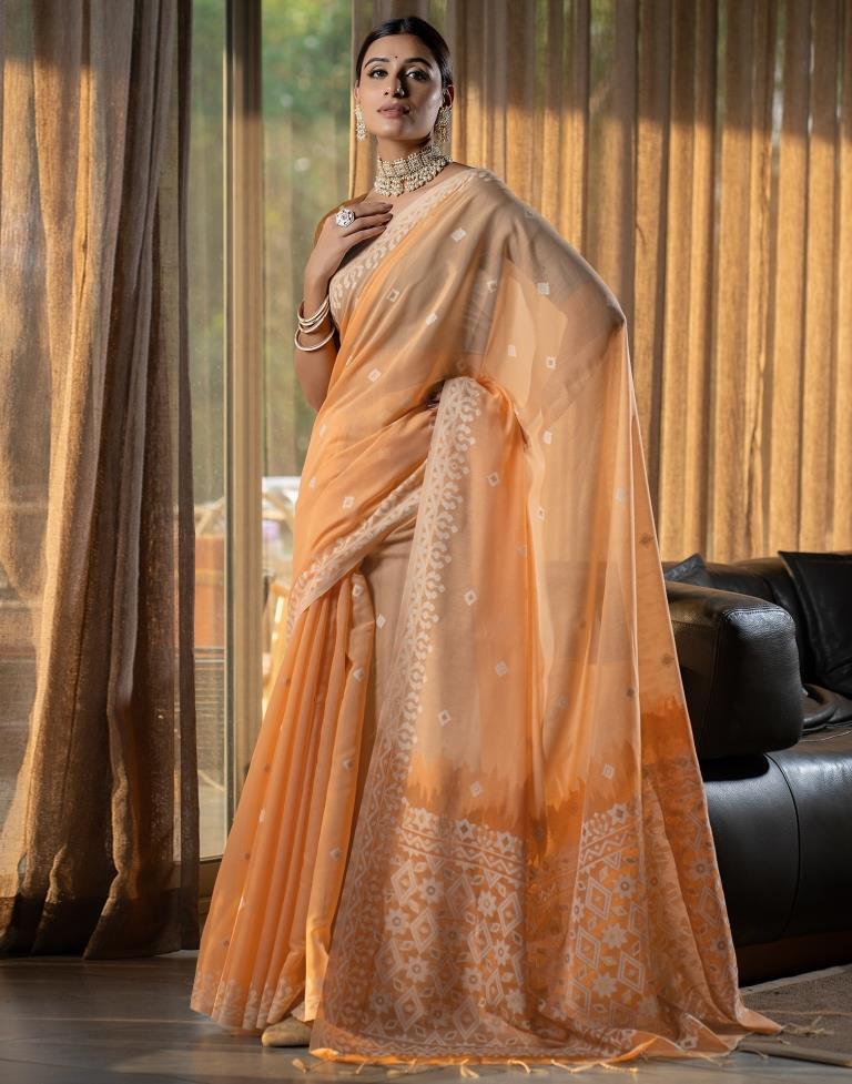 Light Orange Cotton Woven Saree