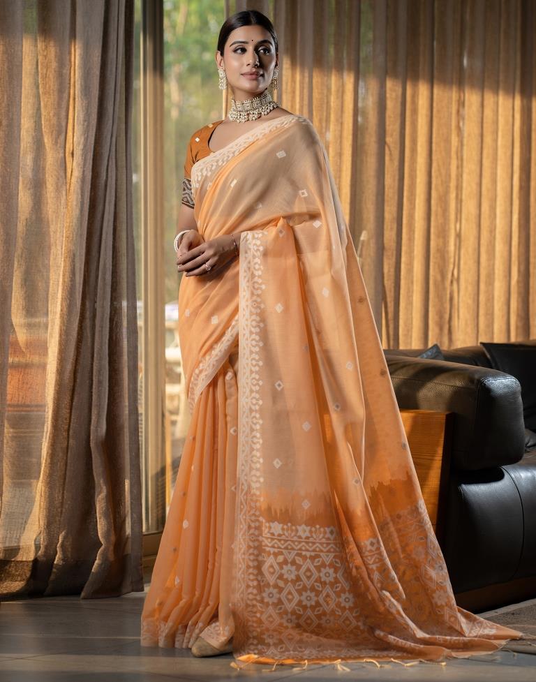 Light Orange Cotton Woven Saree