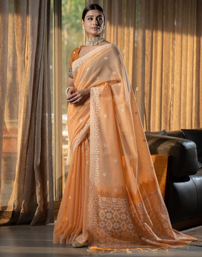 Light Orange Cotton Woven Saree