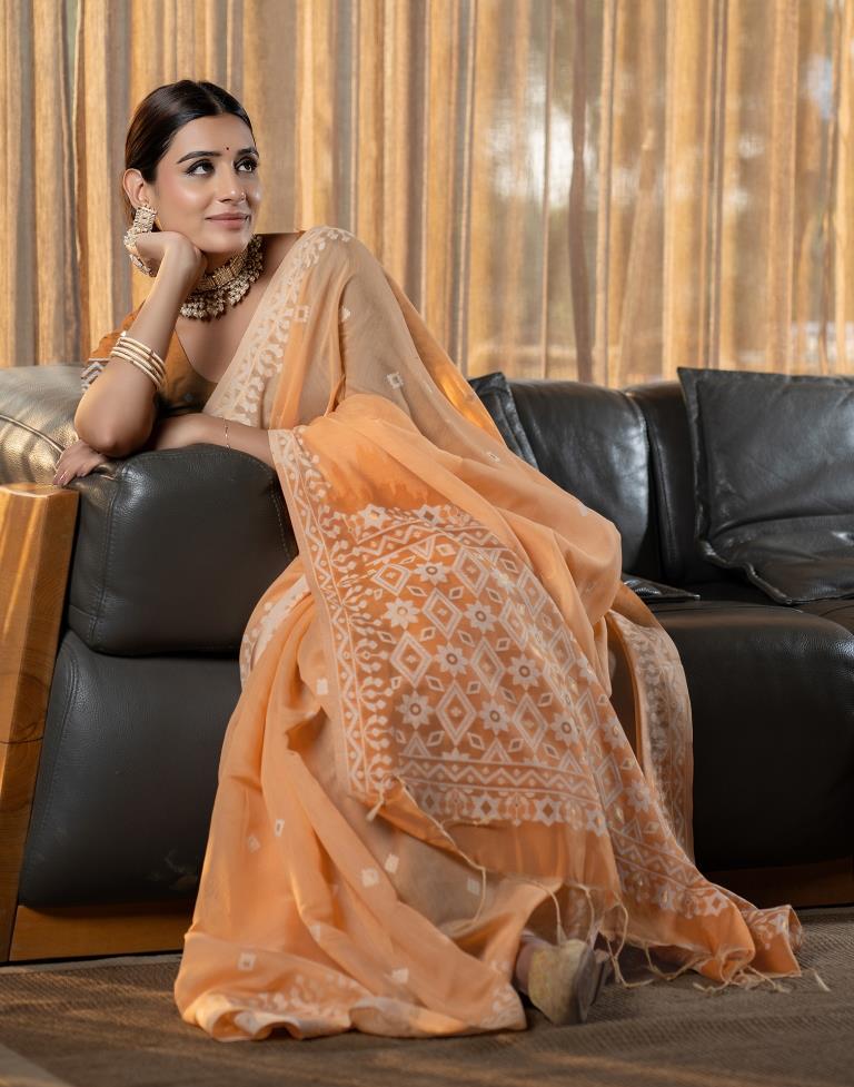Light Orange Cotton Woven Saree