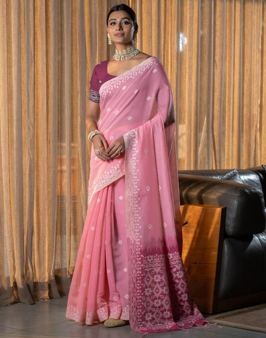 Light Pink Cotton Woven Saree