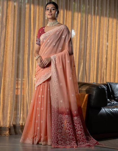 Peach Cotton Woven Saree