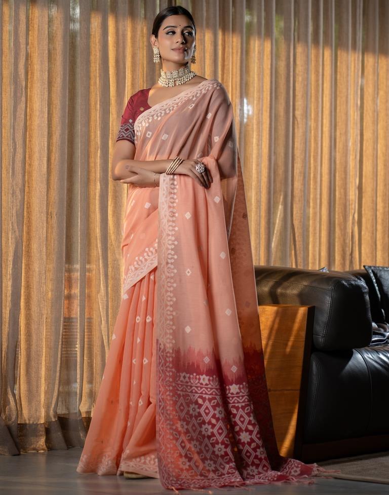Peach Cotton Woven Saree