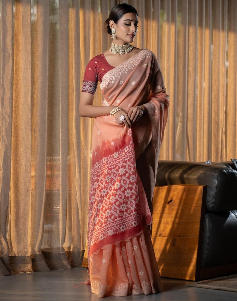 Peach Cotton Woven Saree